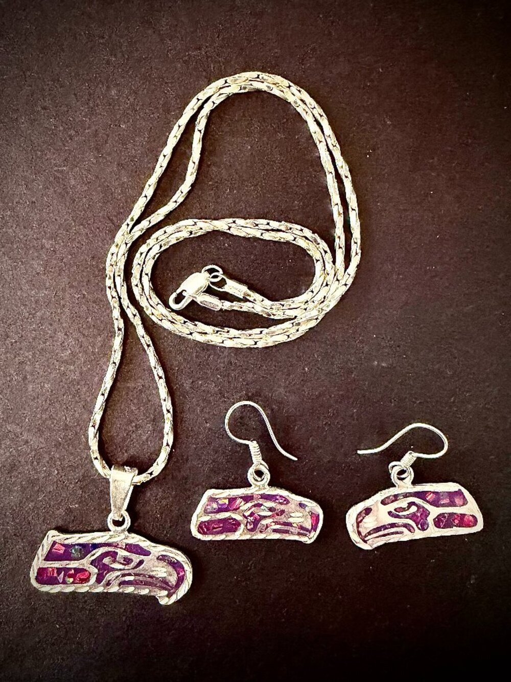 Seattle Seahawks Silver Fire Opal Chip Inlay Pendant Necklace Earring Set Mexico